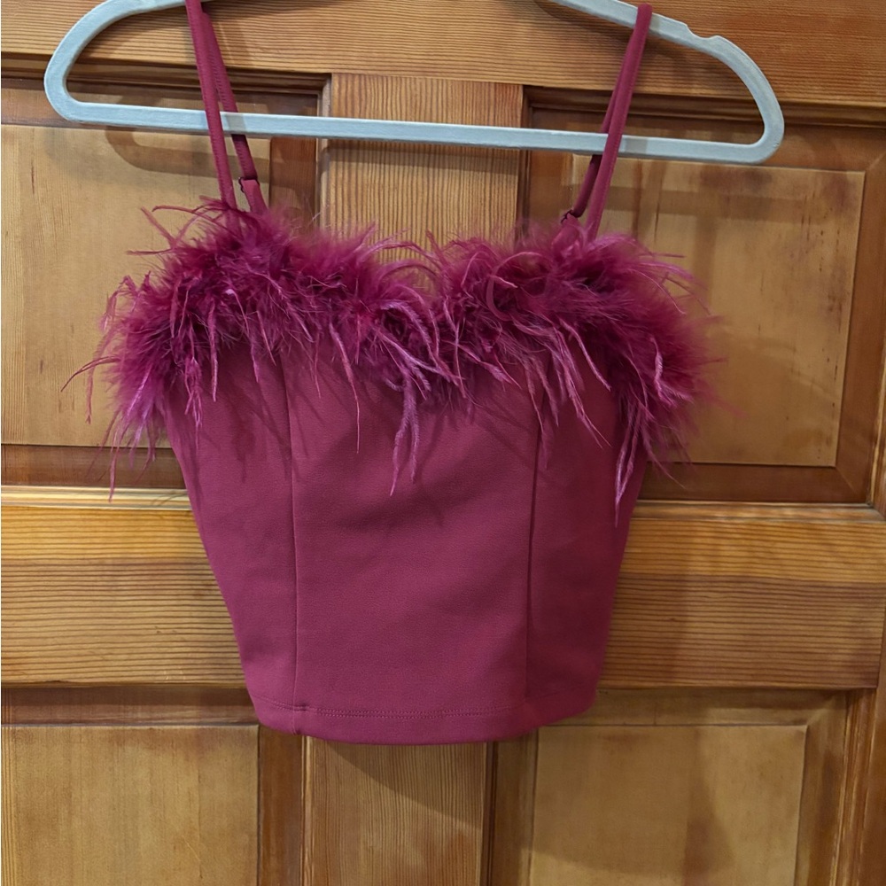 Elegant Burgundy Feather Trim Top